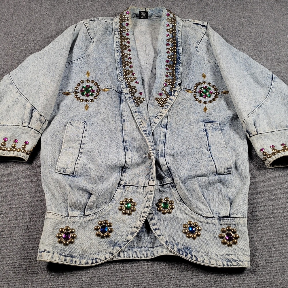 Vintage Eunina Denim Jacket Womens Small Acid Wash Studded Jewel USA 80s